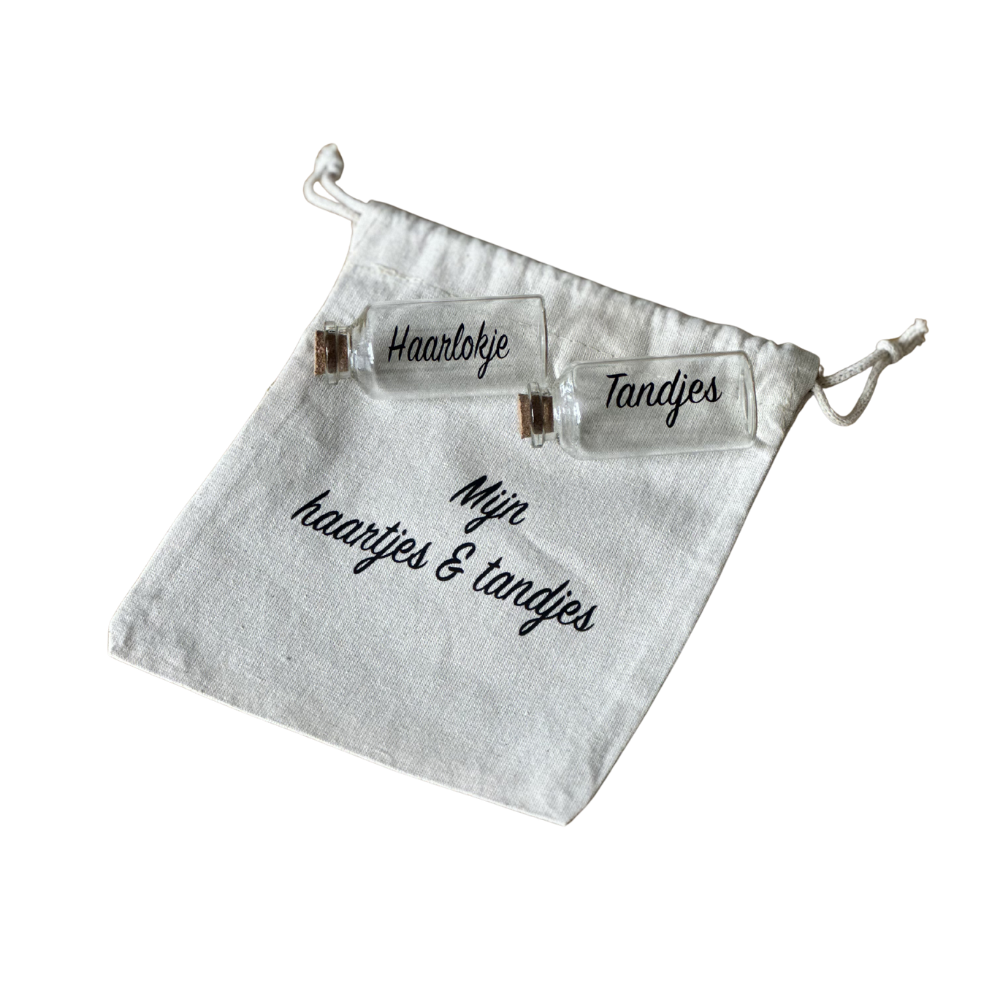 Bewaarzakje + bewaarbuisjes | Haartjes & Tandjes