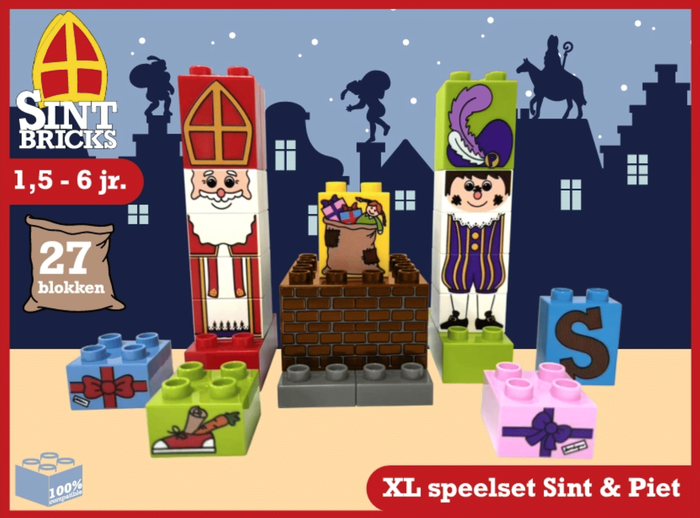 Sinterklaas XL bricks bouwset met Sinterklaas, piet, cadeautjes en stapelbare bouwstenen